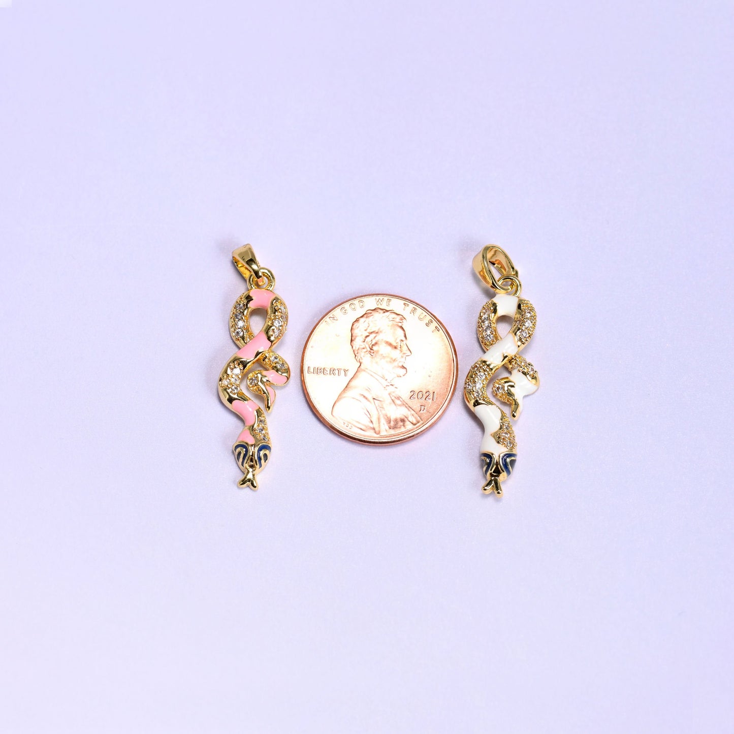 Enamel Snake Zircon Charms with a coiled enamel and clear zircon pave body