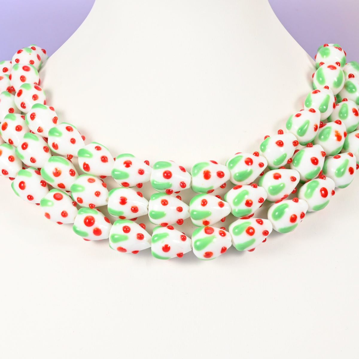 Strawberry glass beads, white with red dots, approximately 15.5x12mm