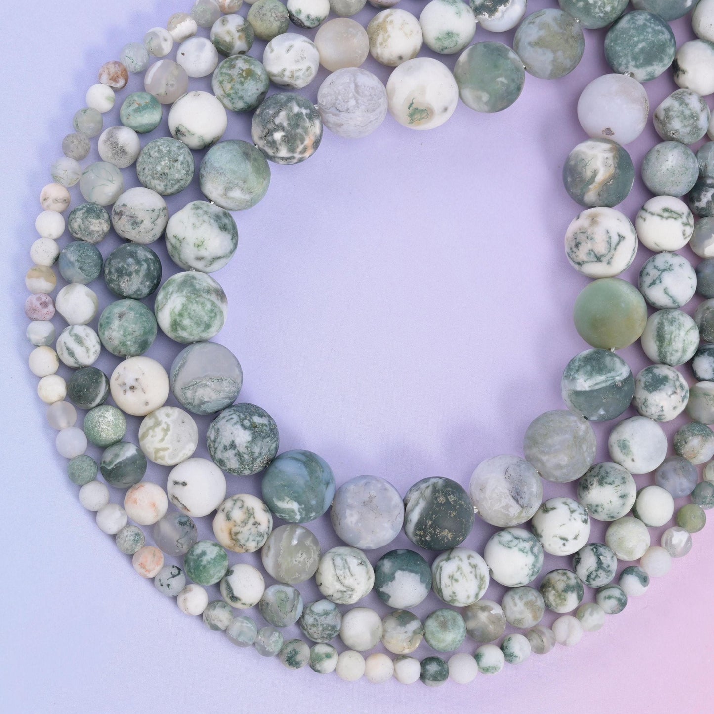 Green tree agate matte round beads, approximately 37 to 88 beads per strand depending on size