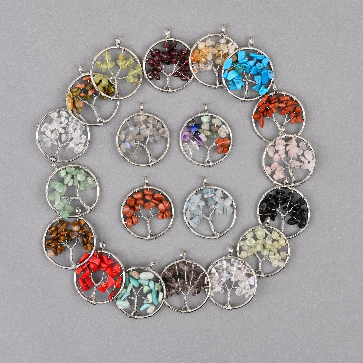 30mm Tree of Life Wire Wrapped Pendant Charm with hand-wrapped gemstone chip leaves.