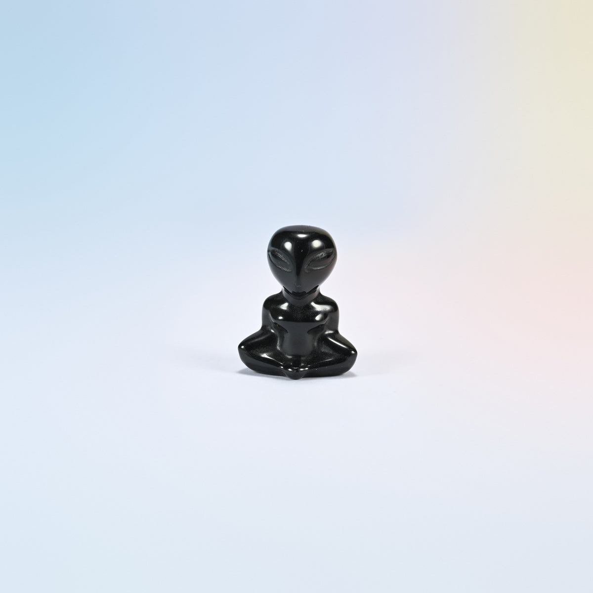 Natural black obsidian yoga alien crystal carving, 1.5 inch, glossy black