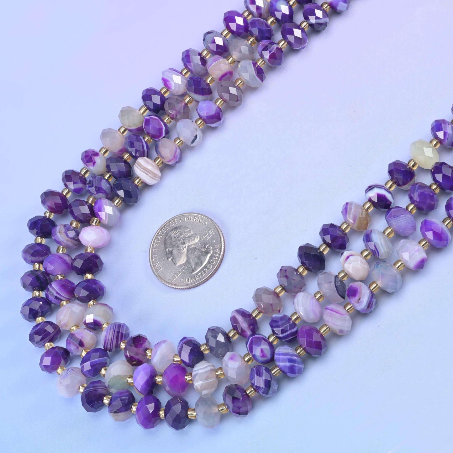 Dyed purple stripe agate beads with chalky white and grey banding