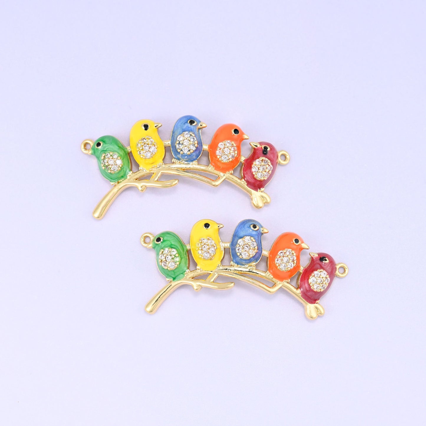 5 Birds on a Stick Double Connector Pendants in green, yellow, blue, orange and red enamel