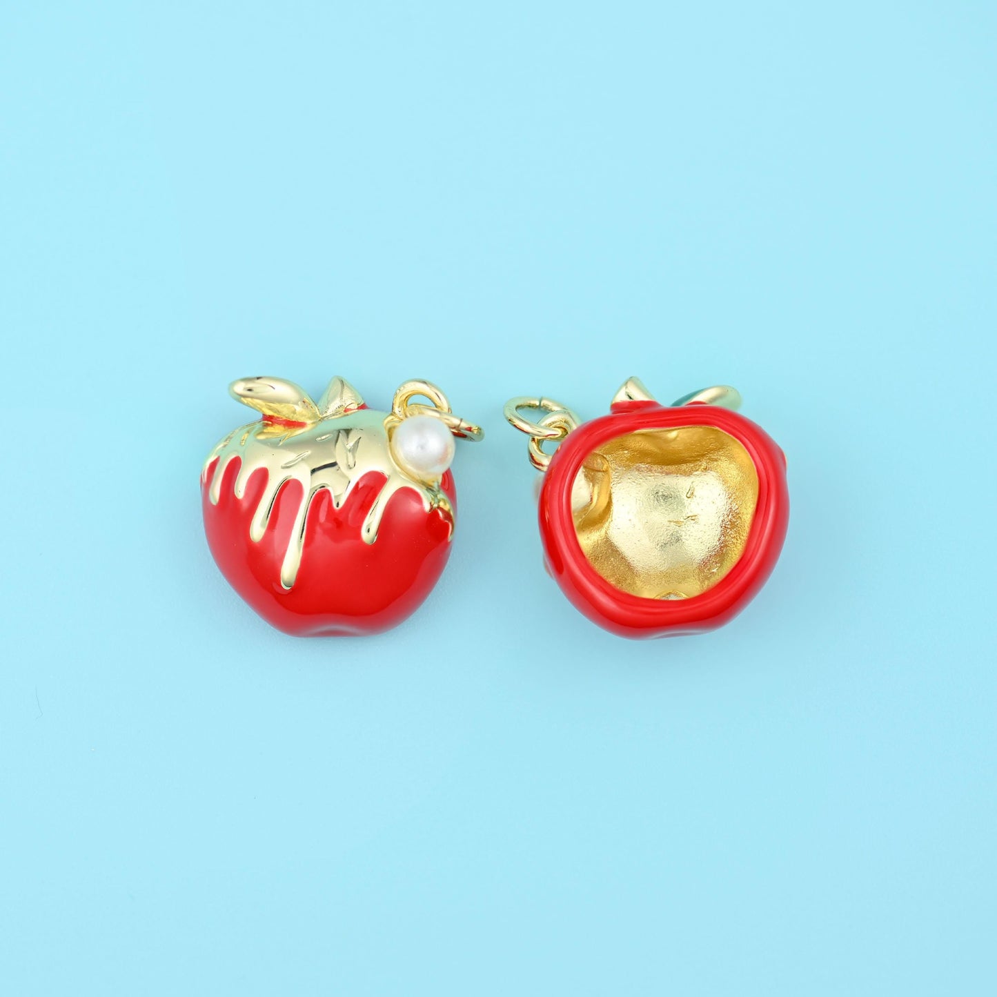 18K Gold Filled Enamel Red Apple Charm 15.7x15.1mm in pillar-box red with a white icing drip, gold stem and leaf