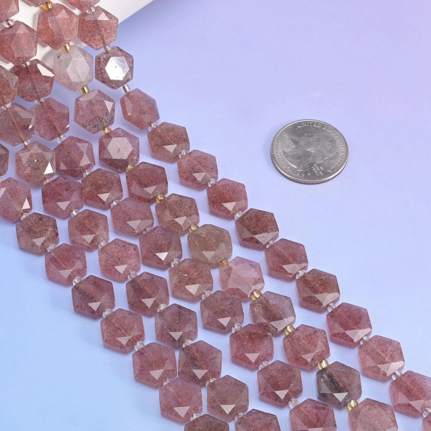 Flat faceted cut Strawberry Quartz beads for jewelry making.
