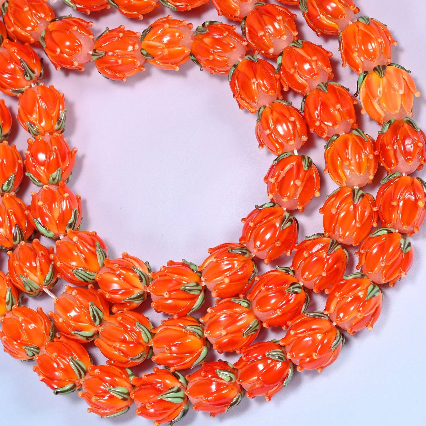 Orange tulip flower bud lampwork glass beads, hole 1.2mm to 1.8mm