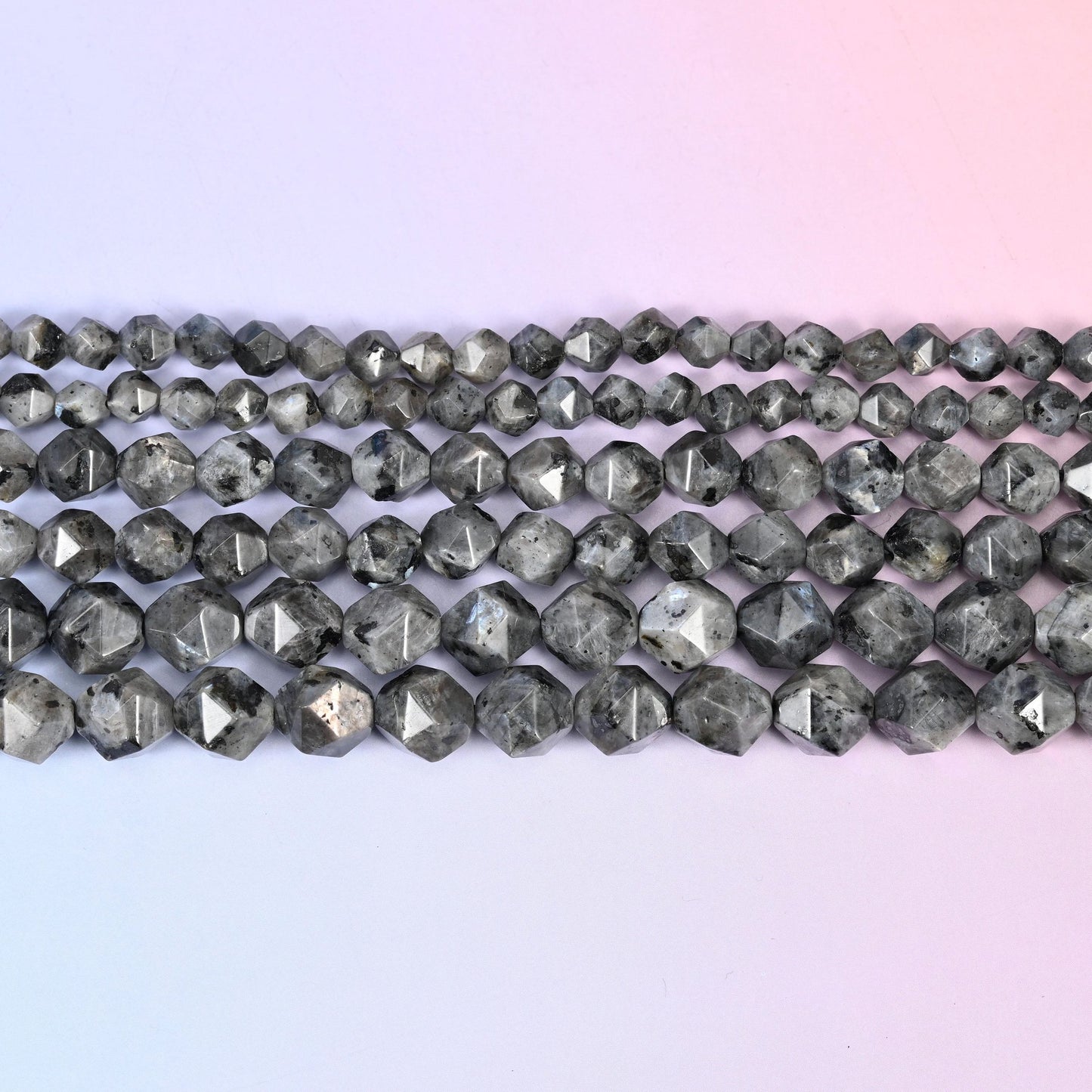Black Labradorite Faceted Diamond Star Beads 6mm 8mm 10mm in smoky charcoal grey with black speckling and a silvery flash