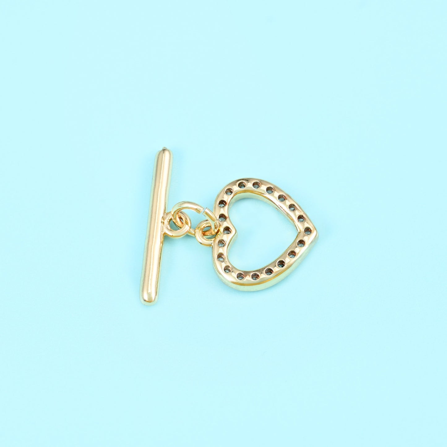 18K Gold Filled Heart Zircon Toggle Clasp, open heart outline paired with a slim polished T-bar