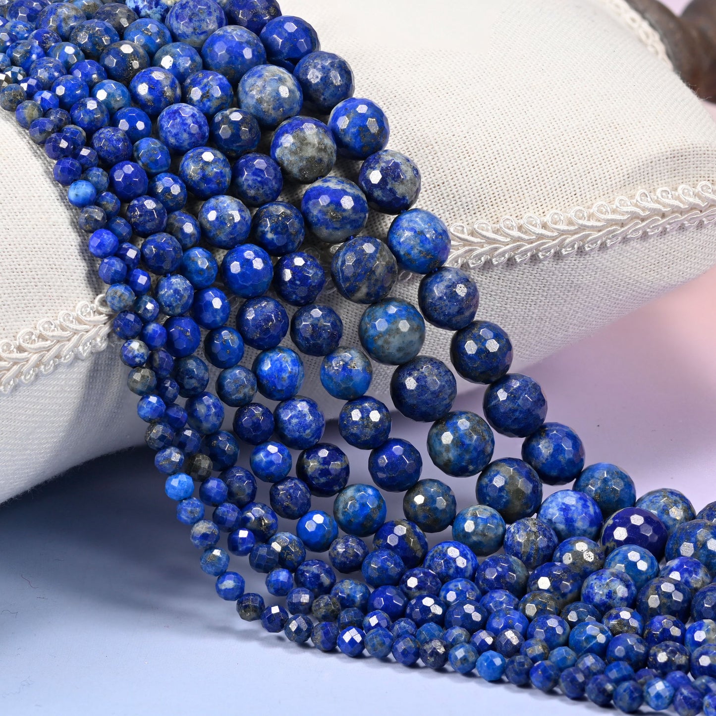 Lapis Lazuli Faceted Round Beads in deep royal blue with gold pyrite flecking.