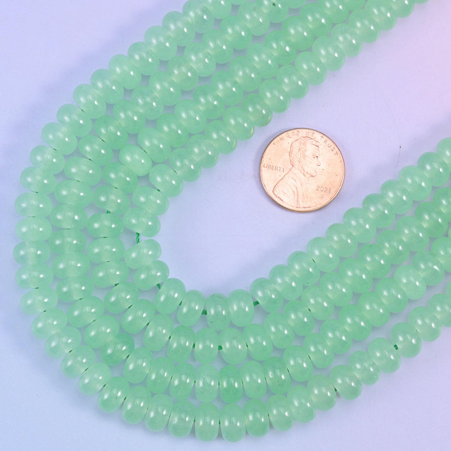 Light Green Dyed Jade rondelle beads, 15 inch strand