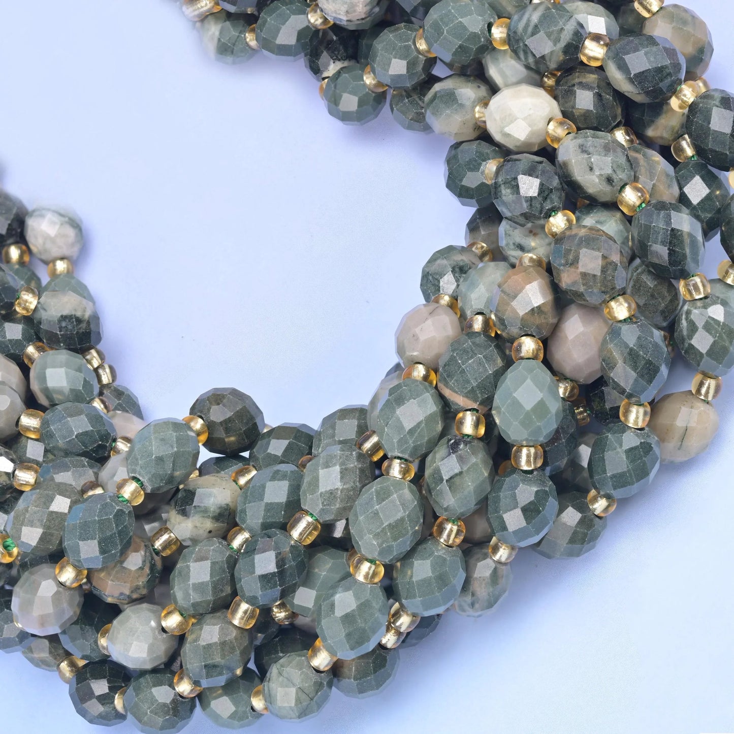 Green Rhodonite Faceted Rice Barrel Beads, hole approximately 1.0mm