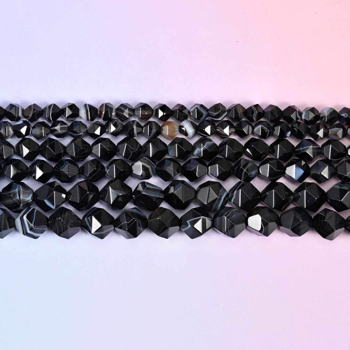 Black Strip Agate Diamond Cut Beads 6mm 8mm 10mm in black with white banding, occasional caramel and grey