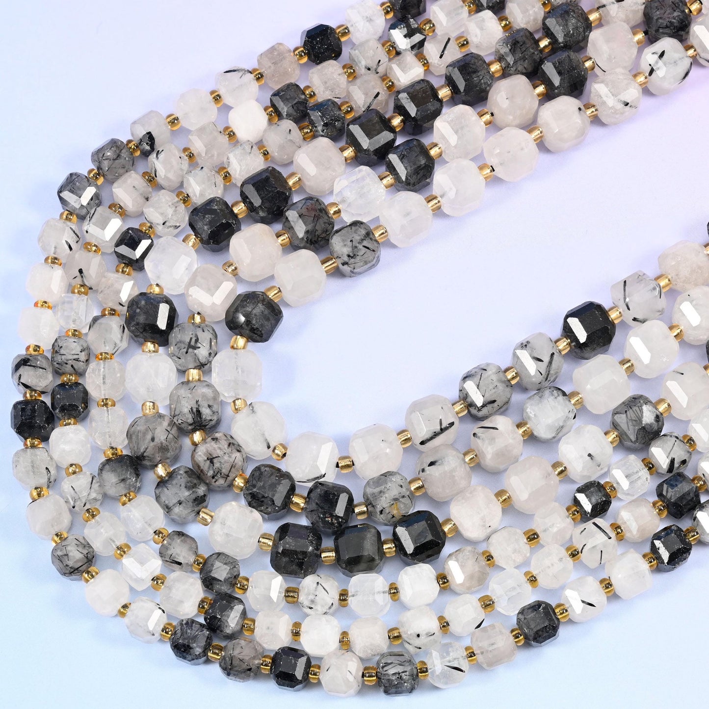 Black Rutilated Quartz Faceted Cube Beads 6mm 8mm, 15 inches