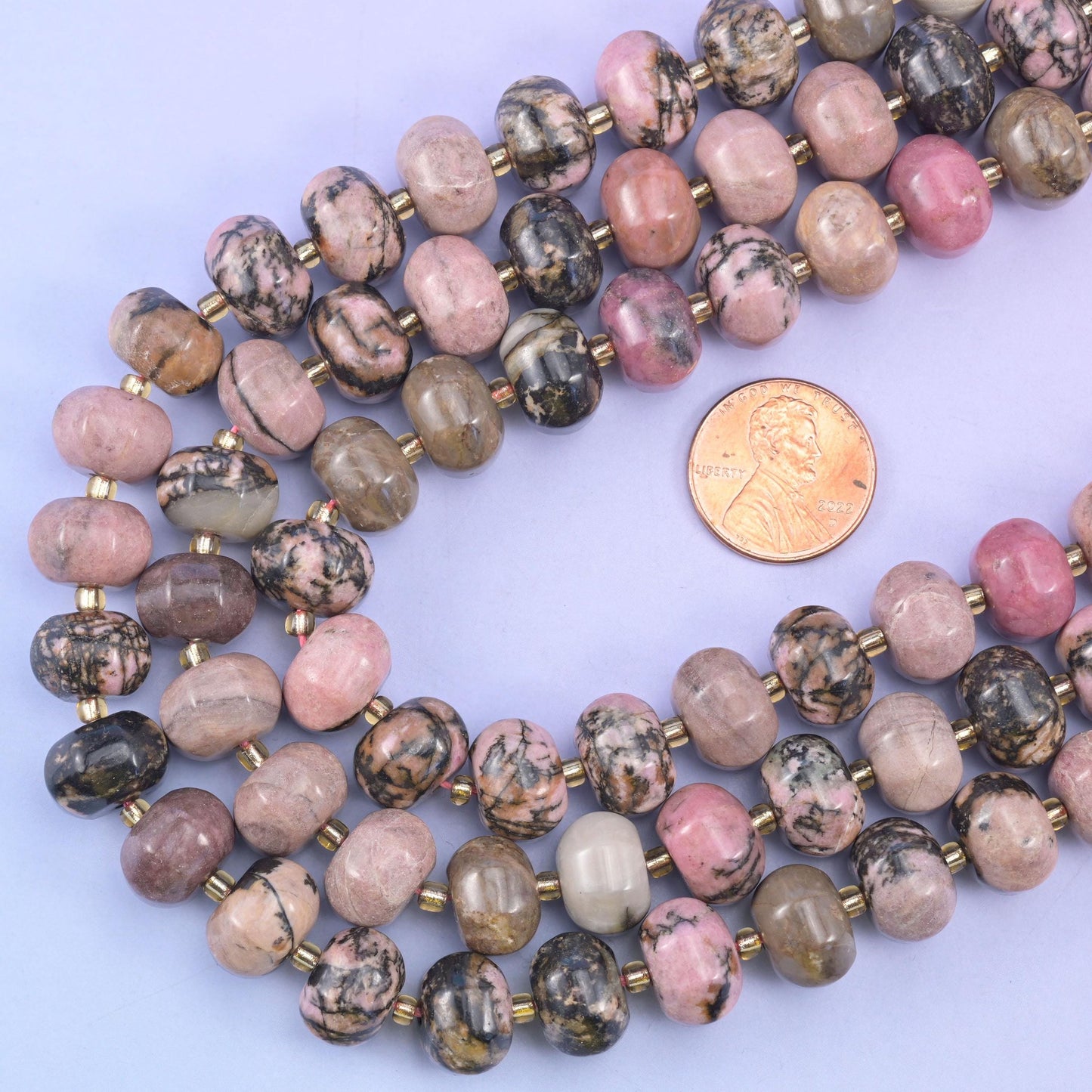 Rhodonite pumpkin beads, 15 inch strand