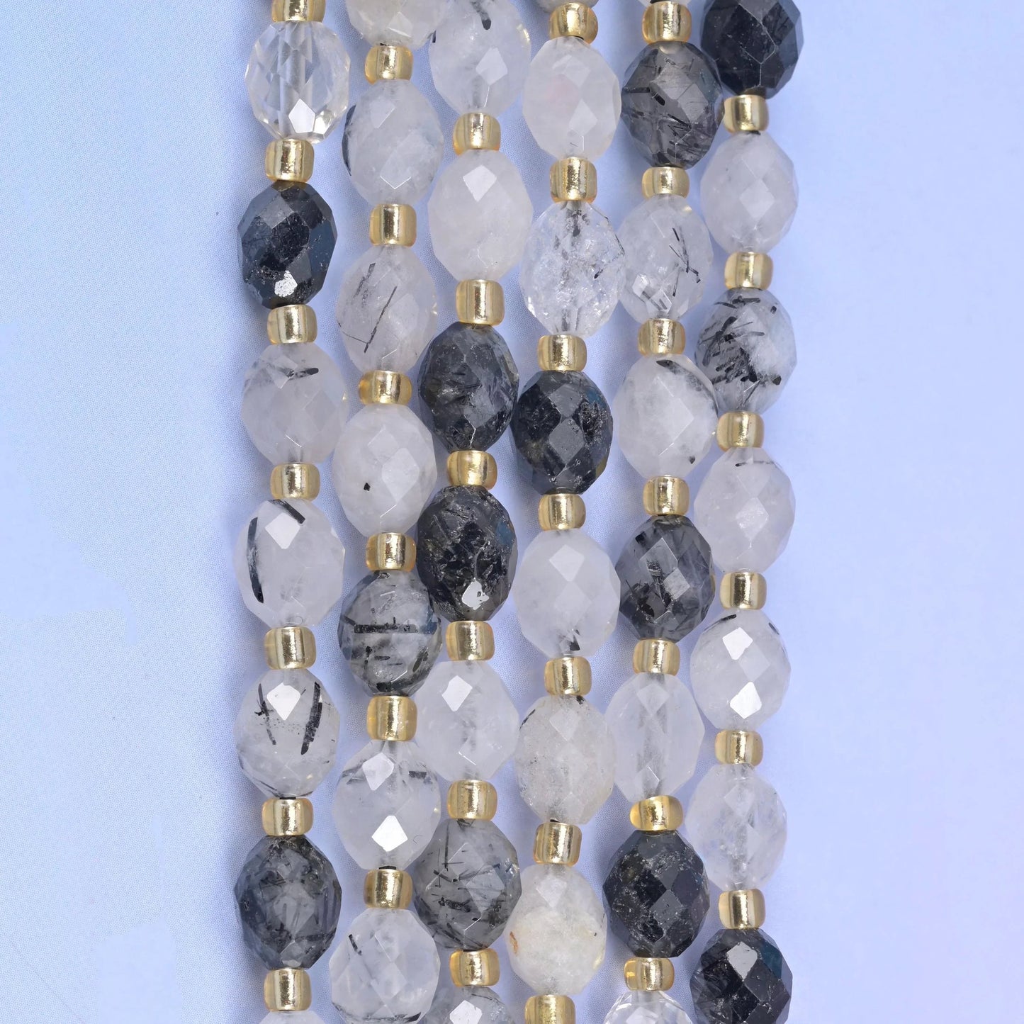 Black Rutilated Quartz Faceted Rice Barrel Beads 6x8mm, 15.5 inch strand