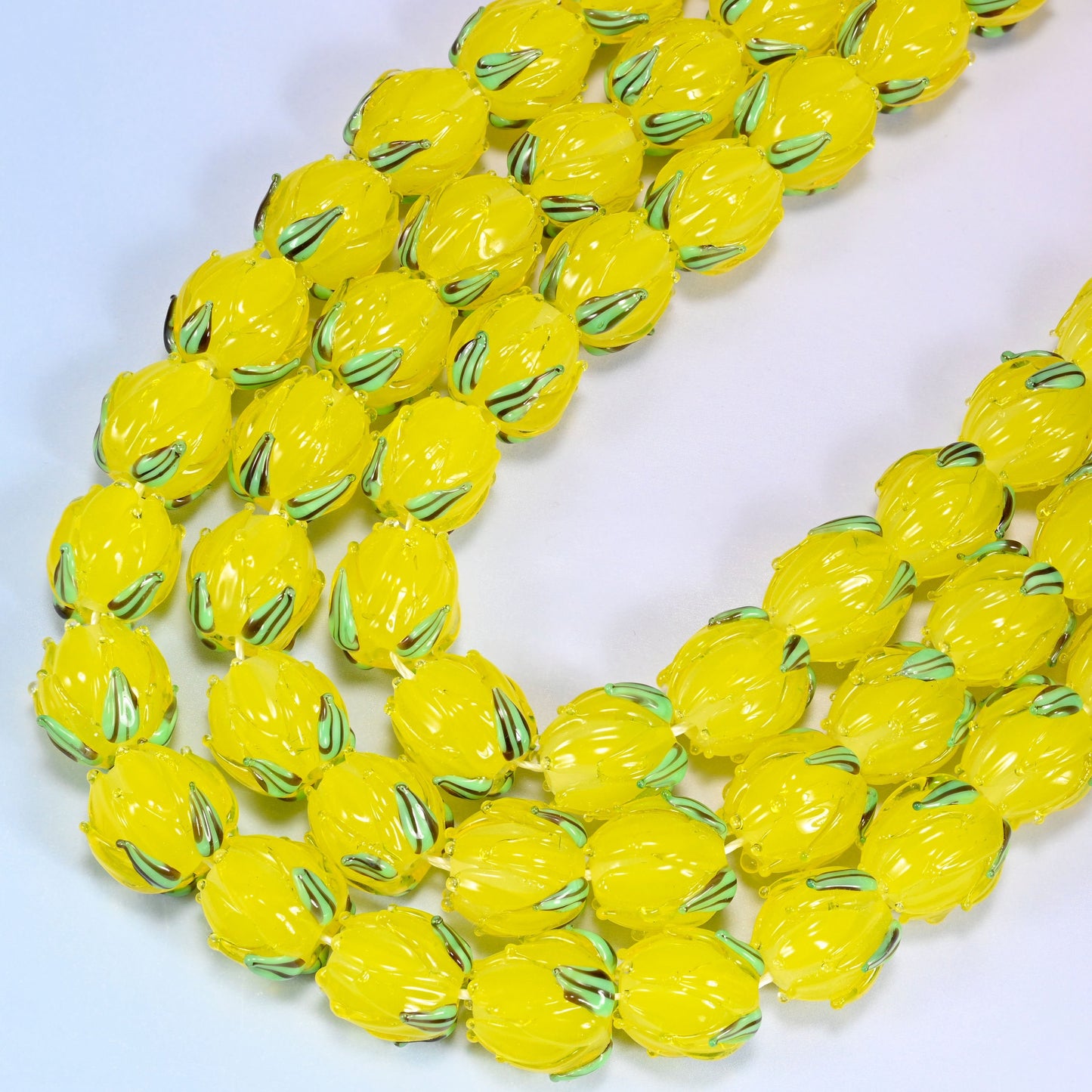 Yellow Tulip Flower Bud Lampwork Glass Beads, 11 inch strand