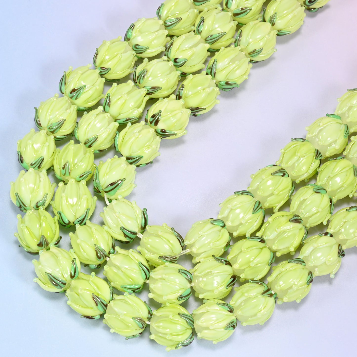Lime green tulip flower bud lampwork glass beads, 11 inch strand