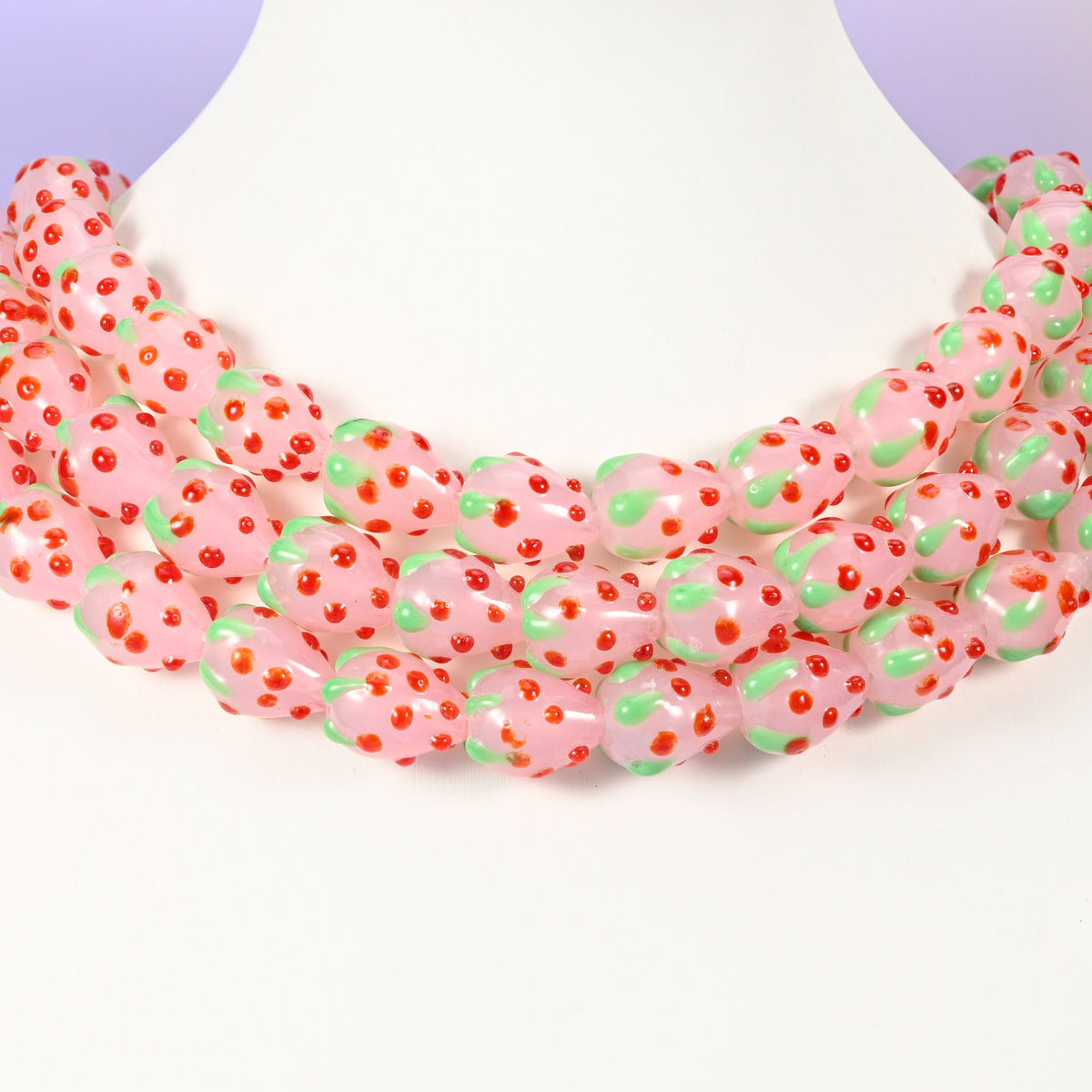 Strawberry glass beads, pink with red dots, approximately 15.5x12mm