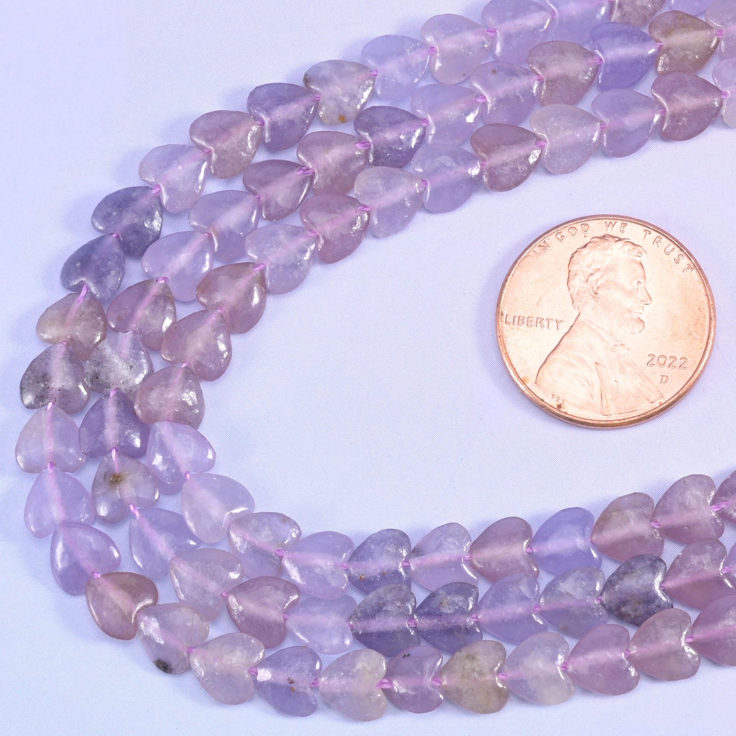 Purple lepidolite heart beads, 15 inch strand