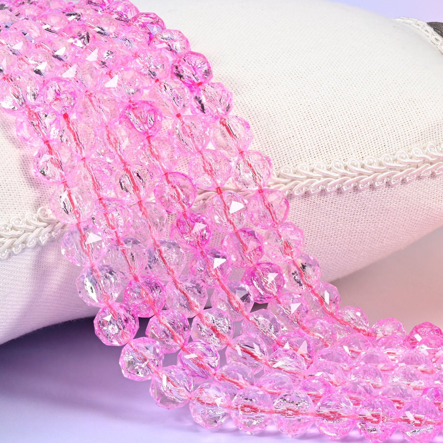 Transparent Pink Faceted Round Glass Beads