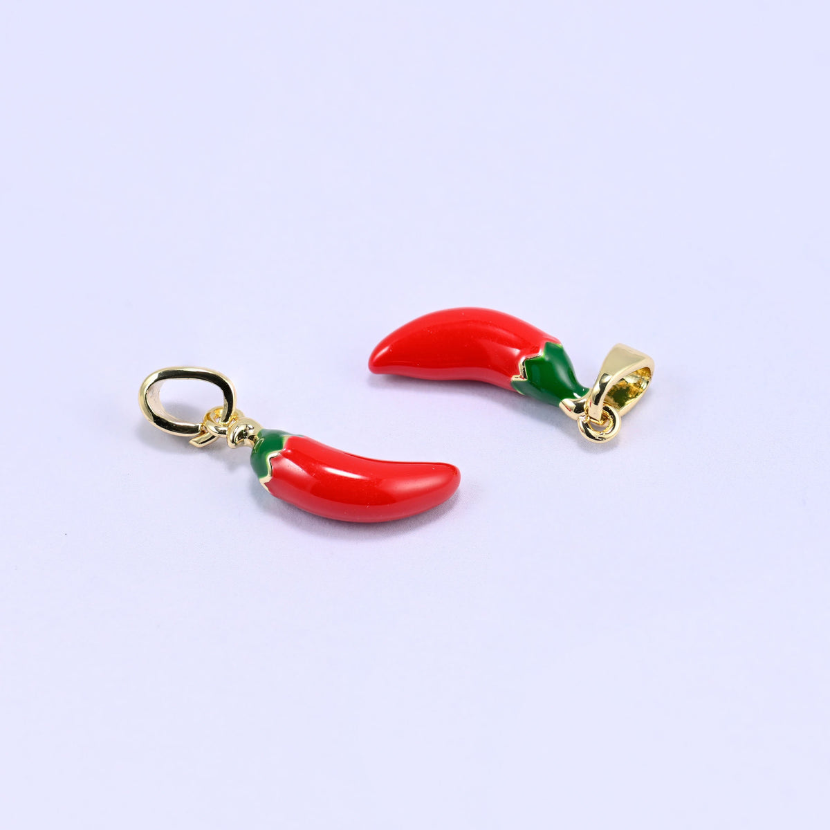 Brass chili pepper charm with vibrant red and green enamel