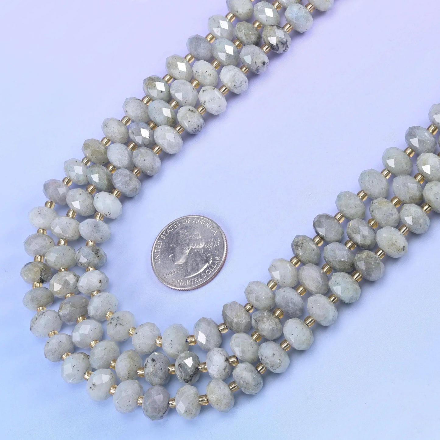 White Labradorite Faceted Rondelle Beads in pale grey-white with a silvery sheen