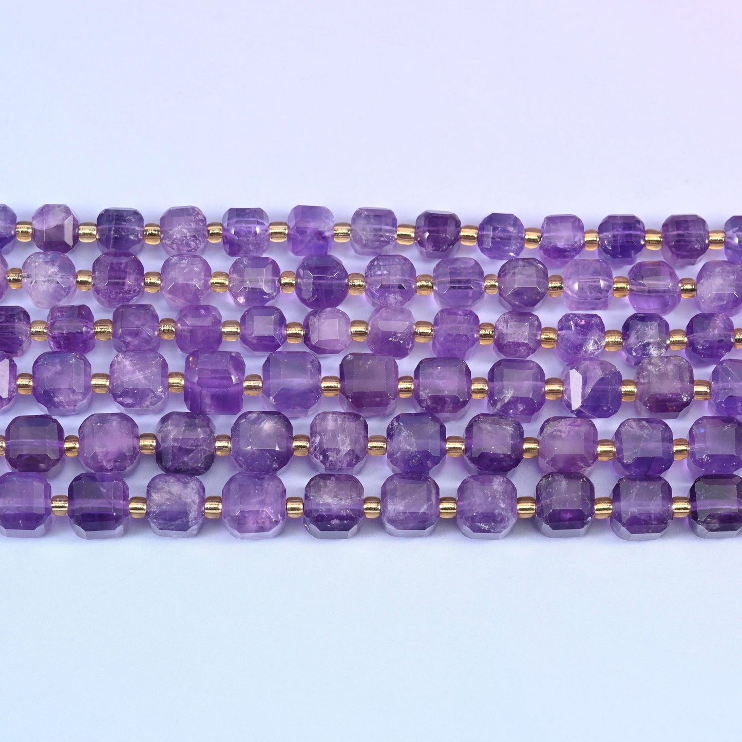 Amethyst Faceted Cube Beads 6mm 8mm in mid-purple with pale near-white zoning