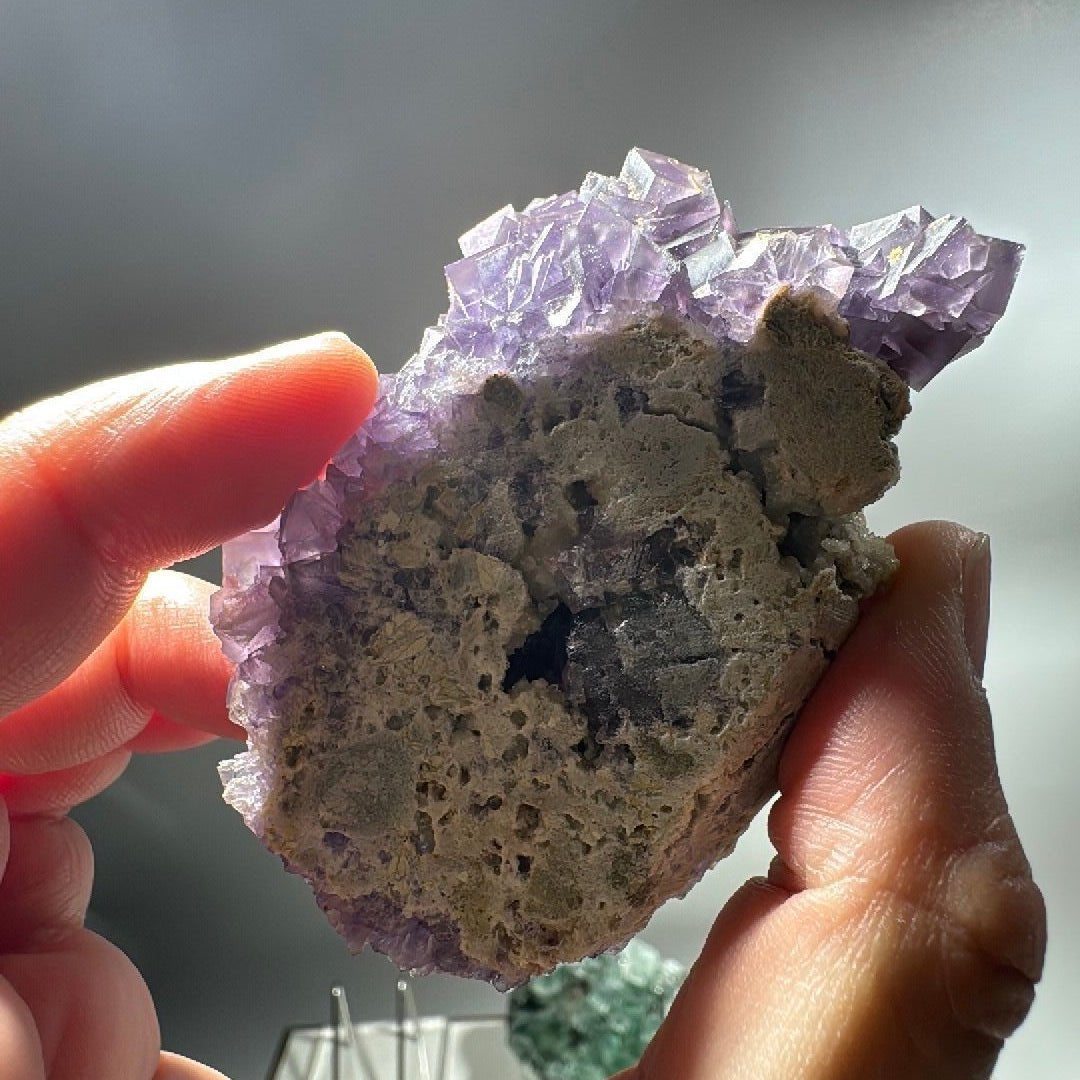 Reverse of the specimen showing the rough grey-brown matrix the crystals grew from