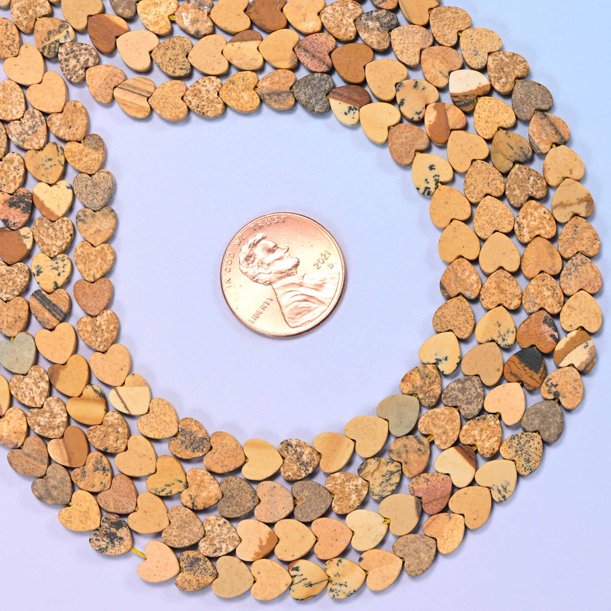 Matte picture jasper flat heart beads, approximately 68 per strand