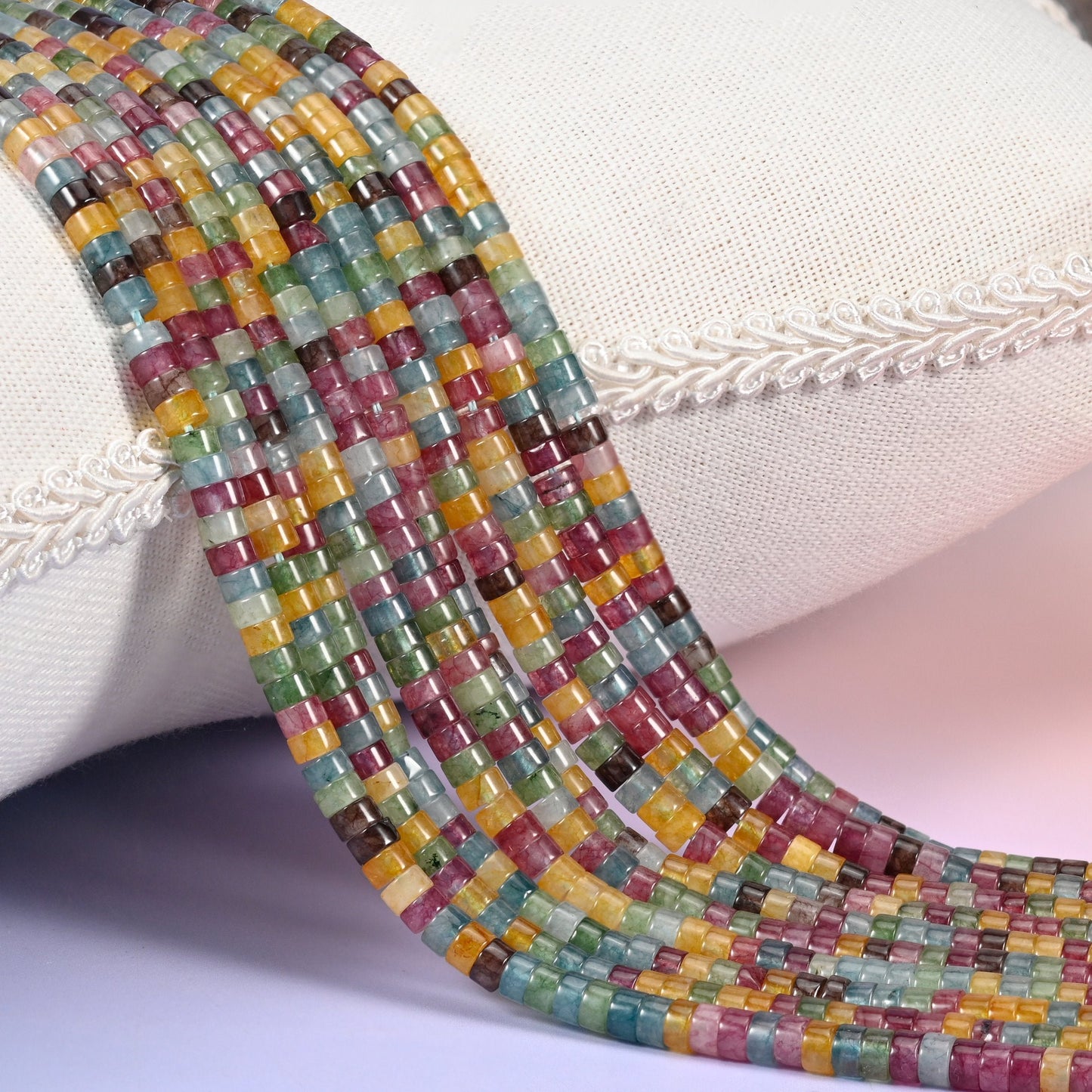 Natural Colorful Fluorite smooth heishi disc beads in a striking mix of amber, rose, sage green and steel blue