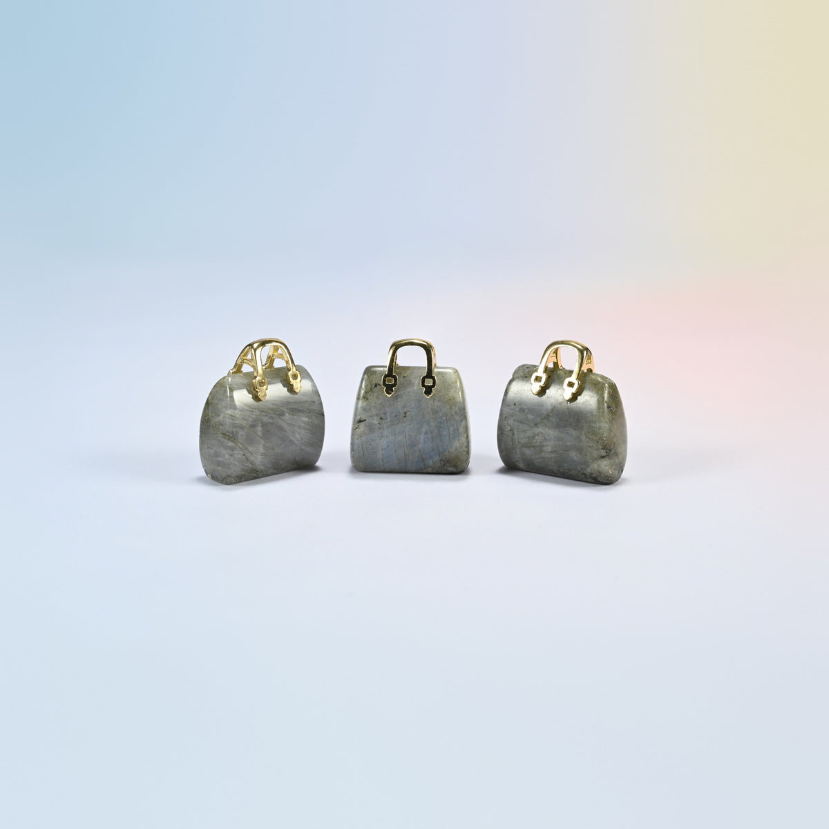 Three gray labradorite purse crystal carvings, 1 inch, gray natural stone with soft flash, gold-tone handle