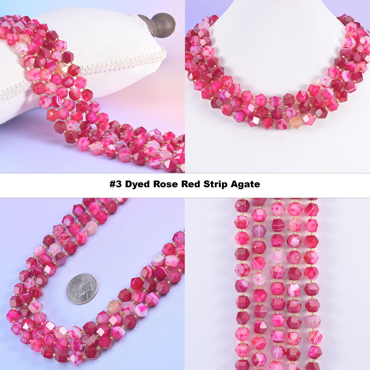 Faceted 8 sides diamond rhombus beads in dyed rose red strip agate, option 3 shown in four views, bright pink with white banding.