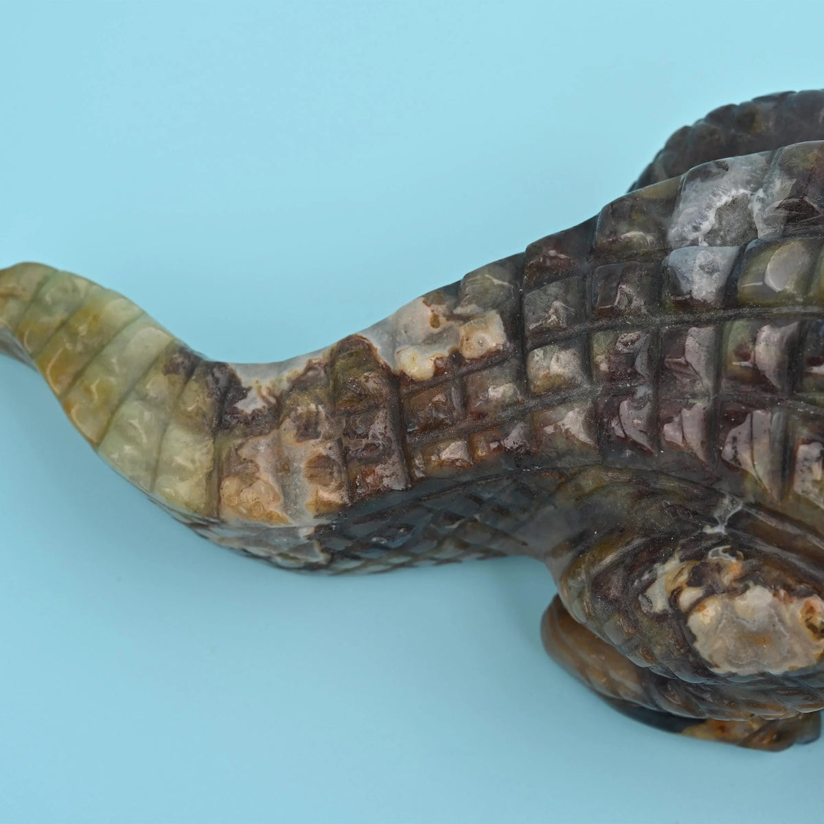 Indian Agate alligator figurine in mottled grey-brown and charcoal
