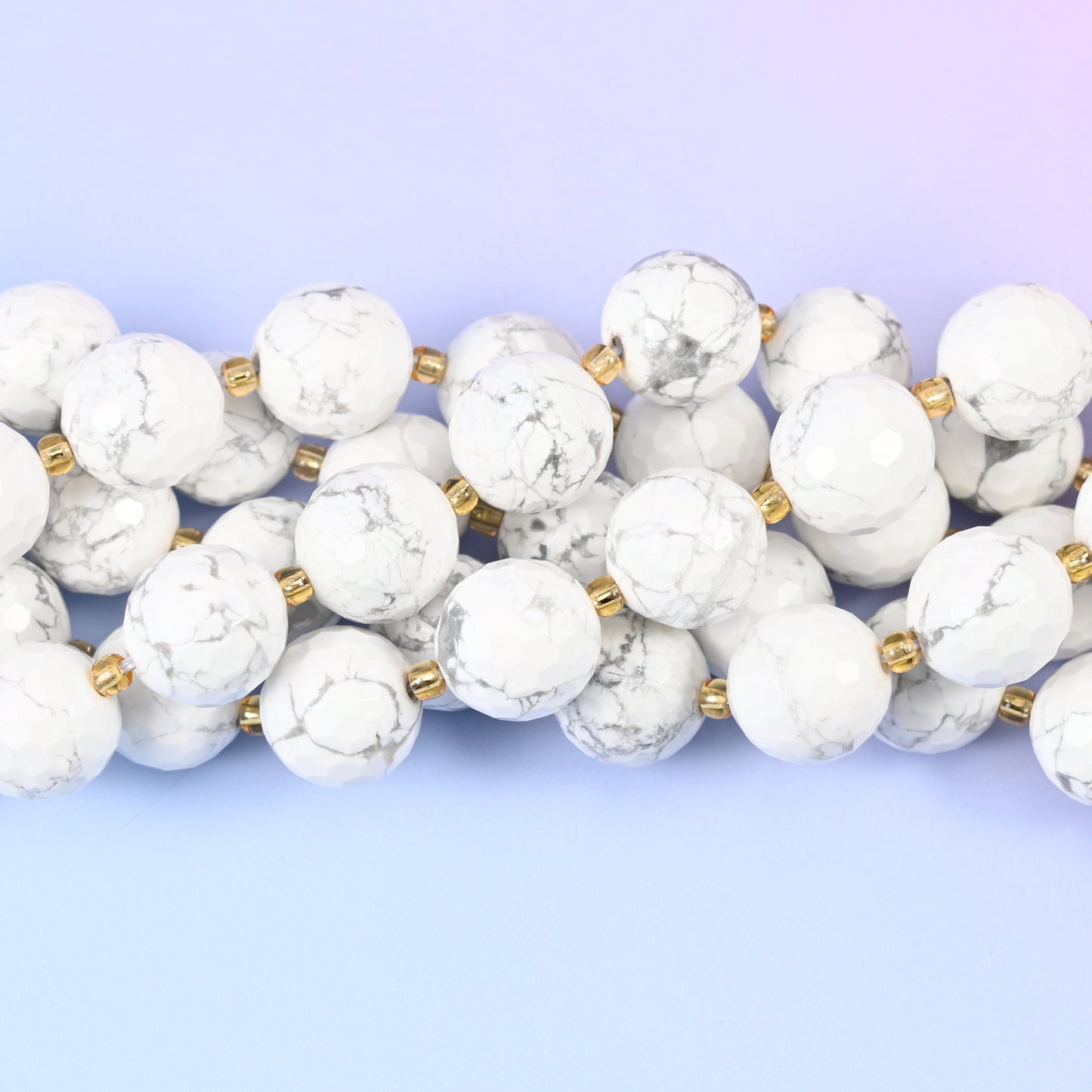 White howlite faceted round beads, 15 inch strand