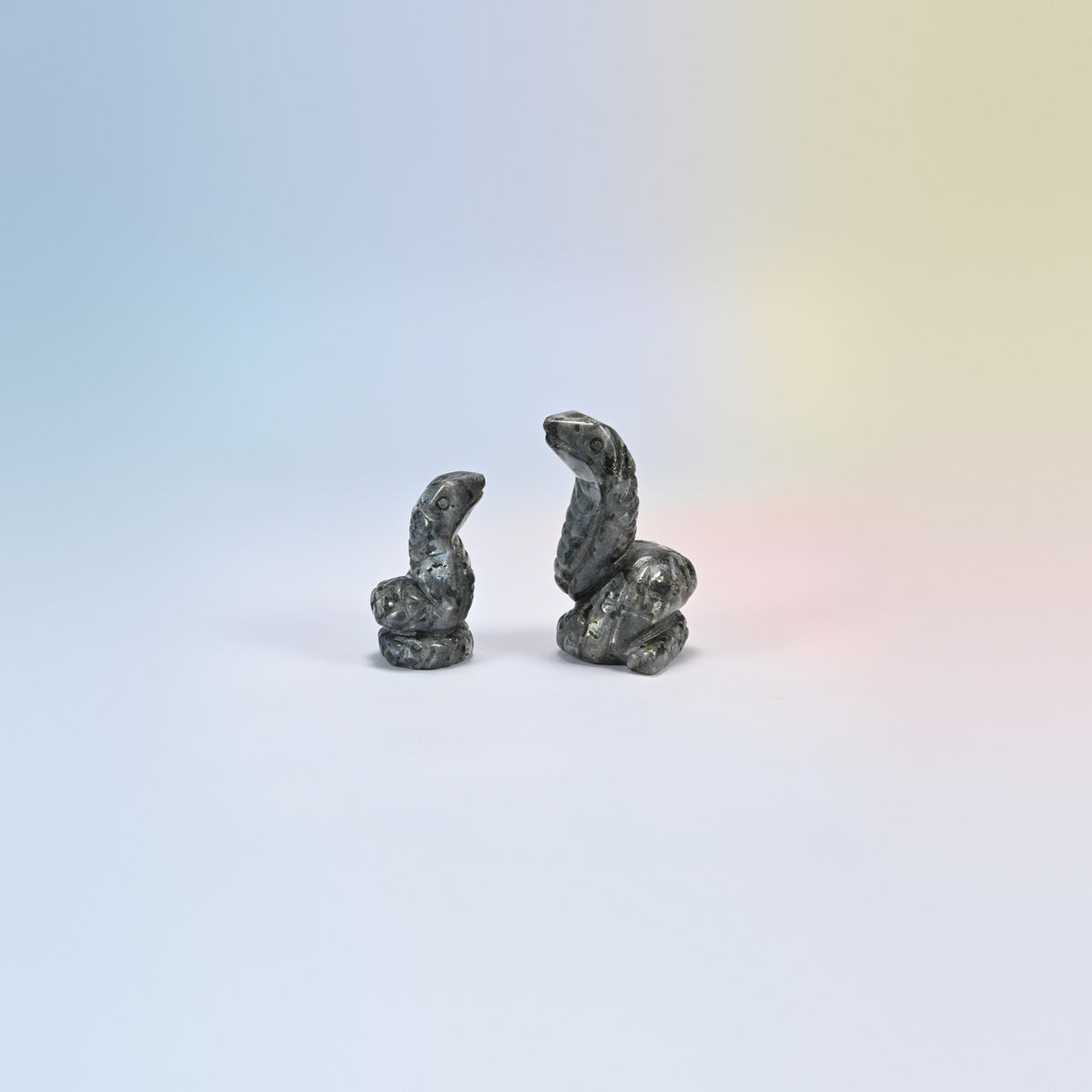 Cobra snake crystal carving in black labradorite, dark gray natural stone with a blue flash