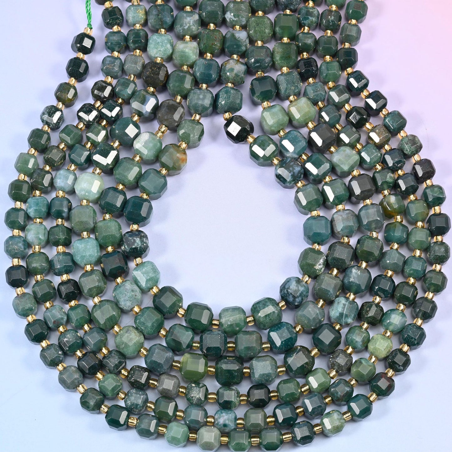 Moss Agate Faceted Cube Beads, hole approximately 1.2mm
