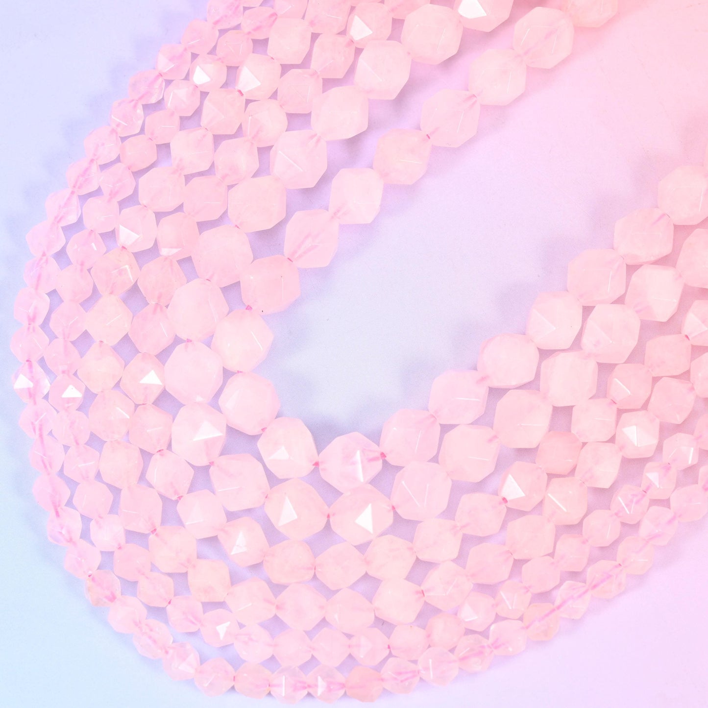 Rose Quartz Faceted Diamond Star Cut Beads, 15.5 inch strand