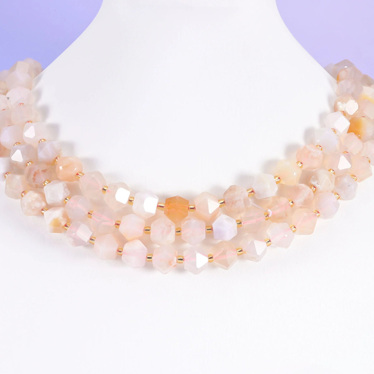 Faceted Diamond Cut Gemstone Beads as a focal strand in a beaded design.