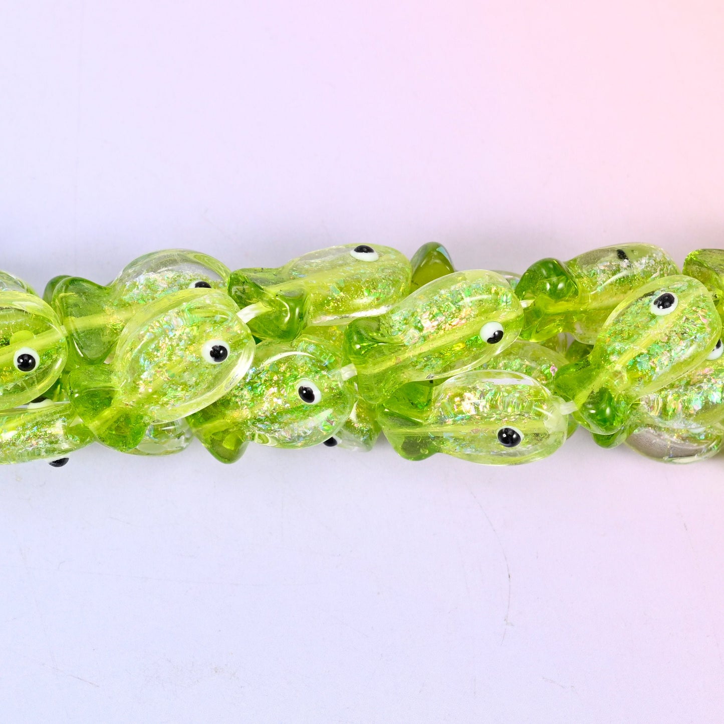 Iridescent Lime Green Fish Glass Beads, 20 beads per strand
