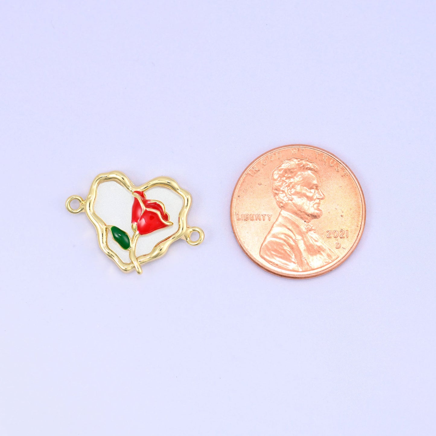 Enamel Heart Rose Double Connector Pendants: 18K Gold Plated, Jewelry Making Supply