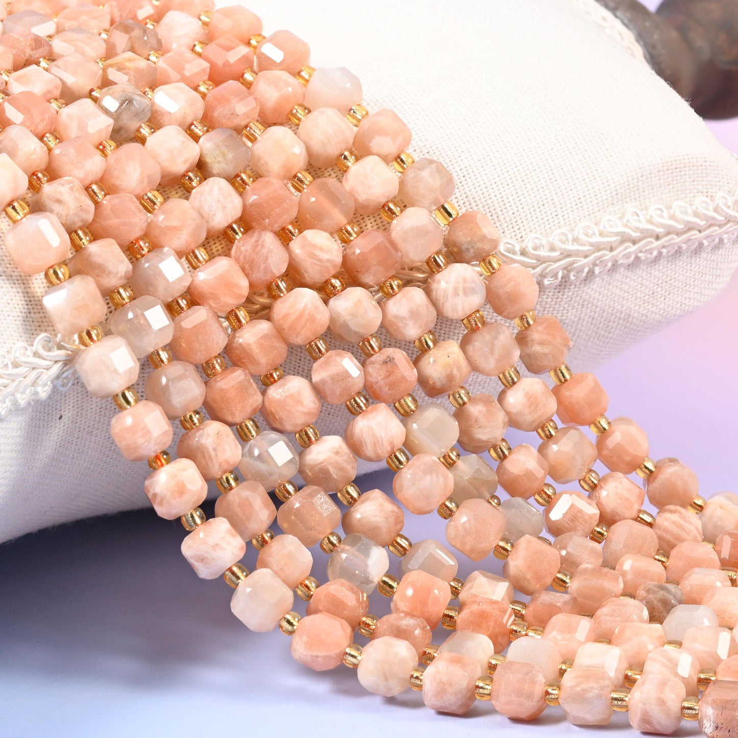 Peach Moonstone Faceted Cube Beads