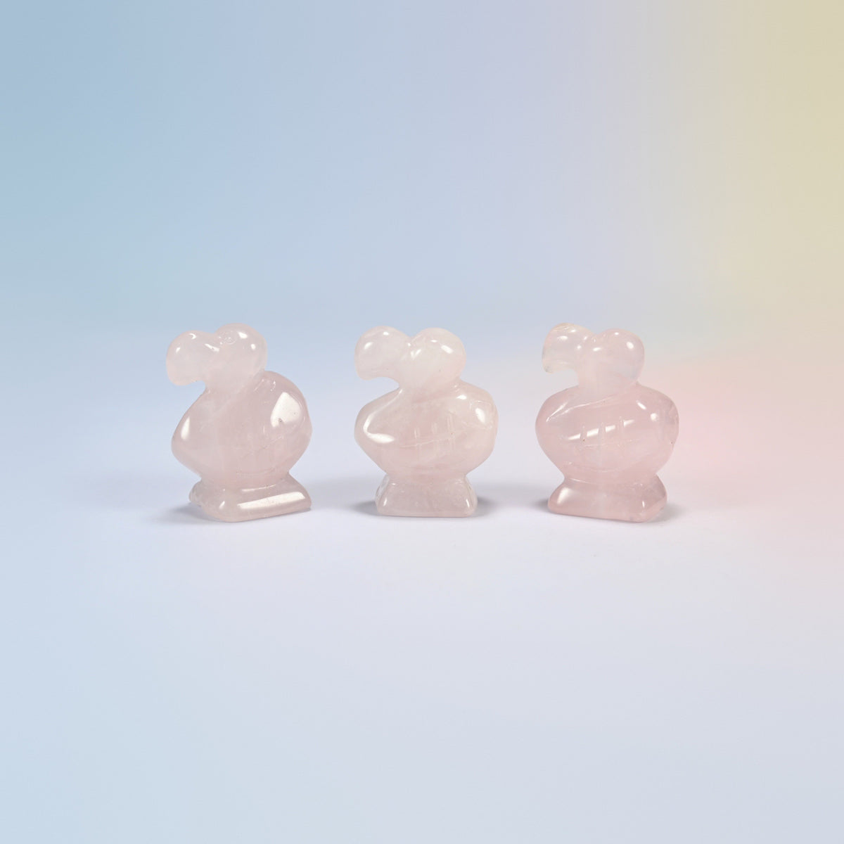 Three rose quartz dodo bird crystal carvings, 1.5 inch, light pink natural stone