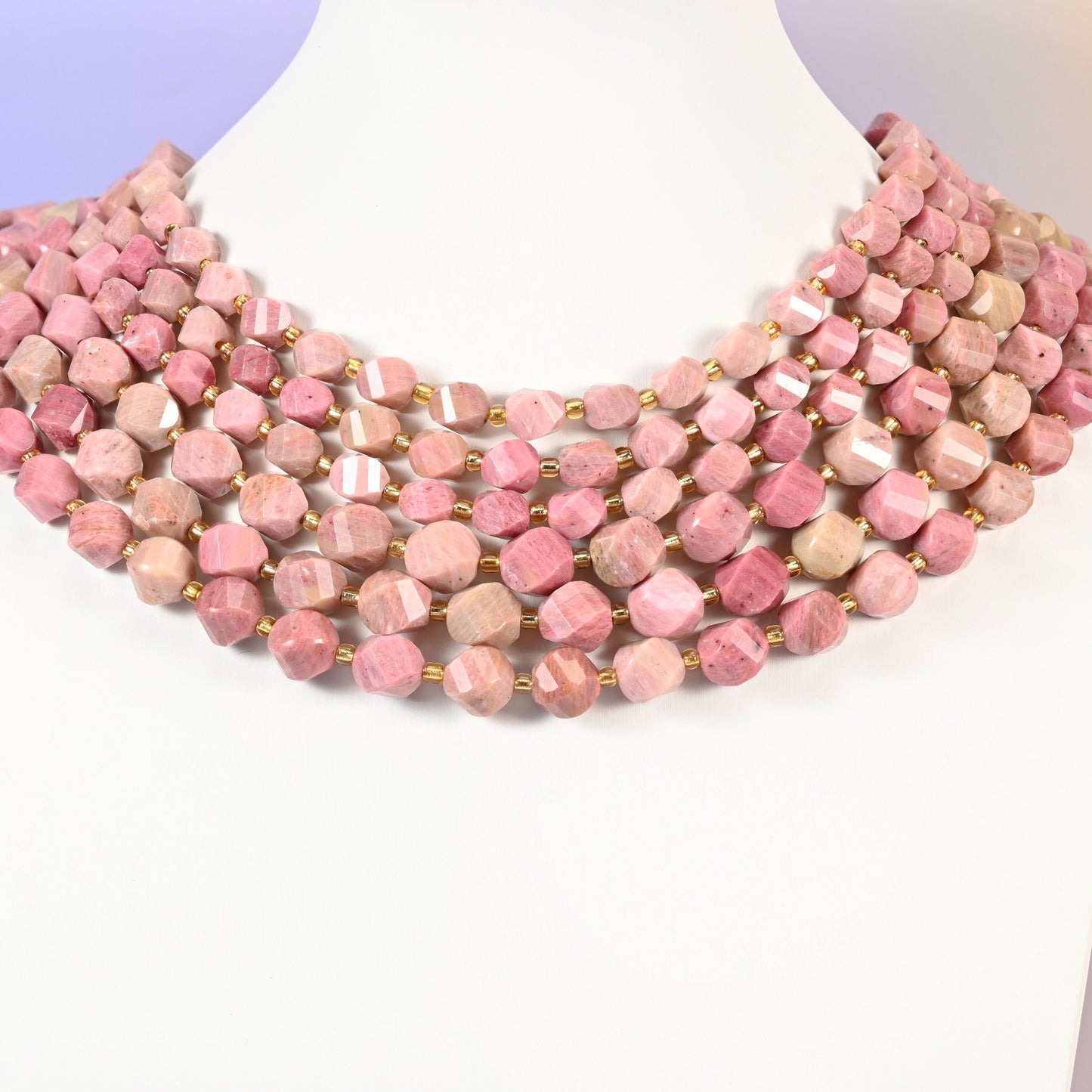 Pink Rhodonite beads, faceted spiral twist, 8mm 10mm