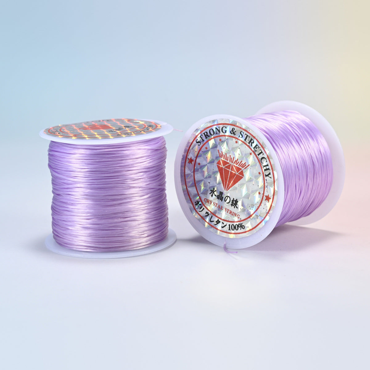 Two rolls of lavender 0.7-0.8mm elastic stretch string, glossy polyurethane bead cord with a holographic label