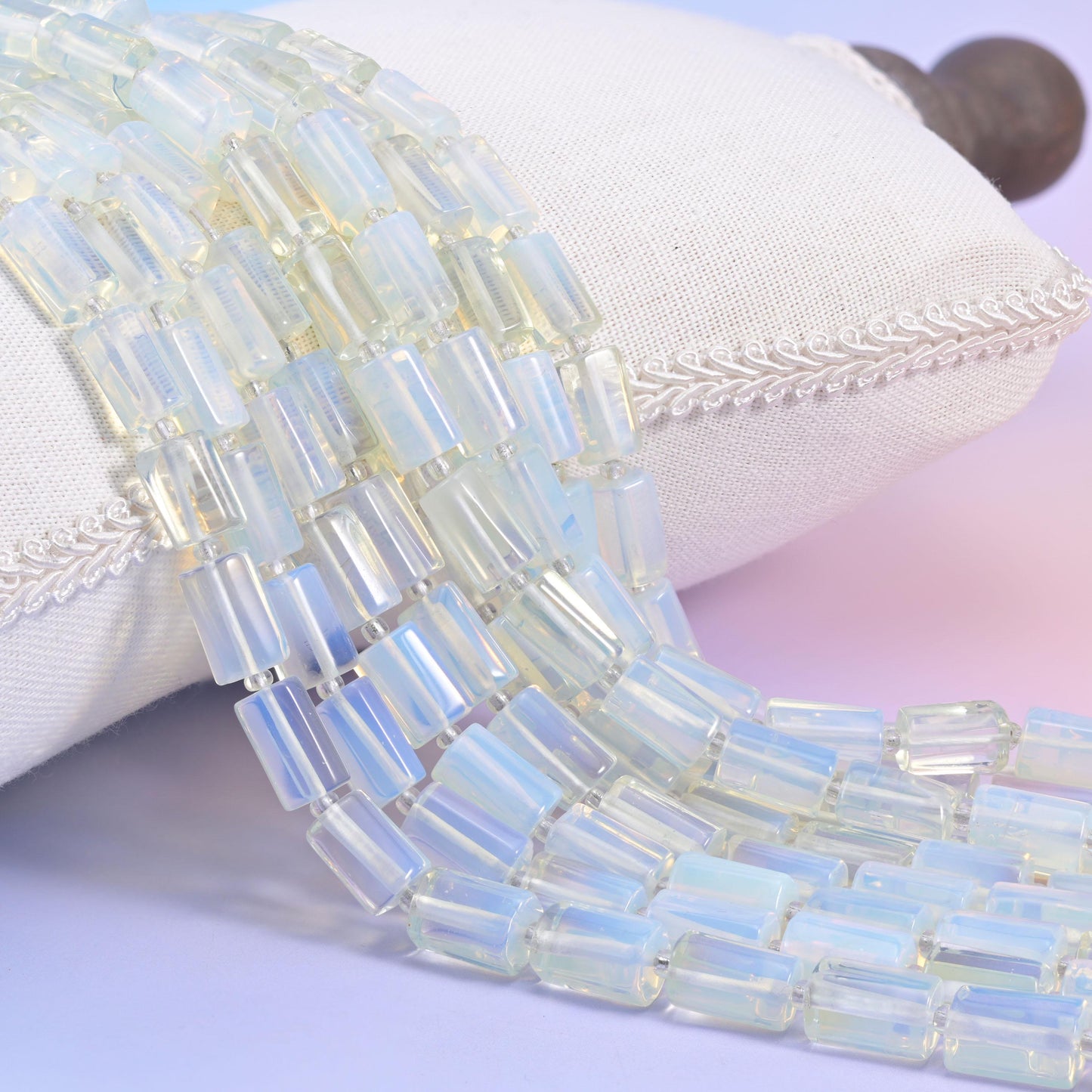 Opalite faceted tube cylinder beads, soft milky glow with a sleek modern shape