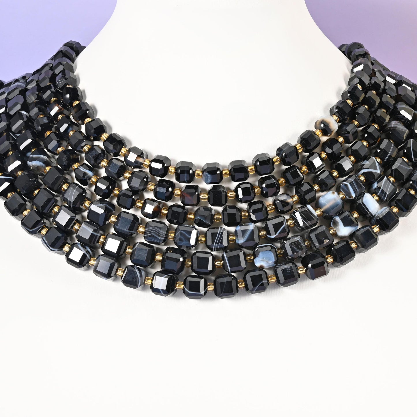 Dyed black strip agate beads, faceted cube, 6mm and 8mm