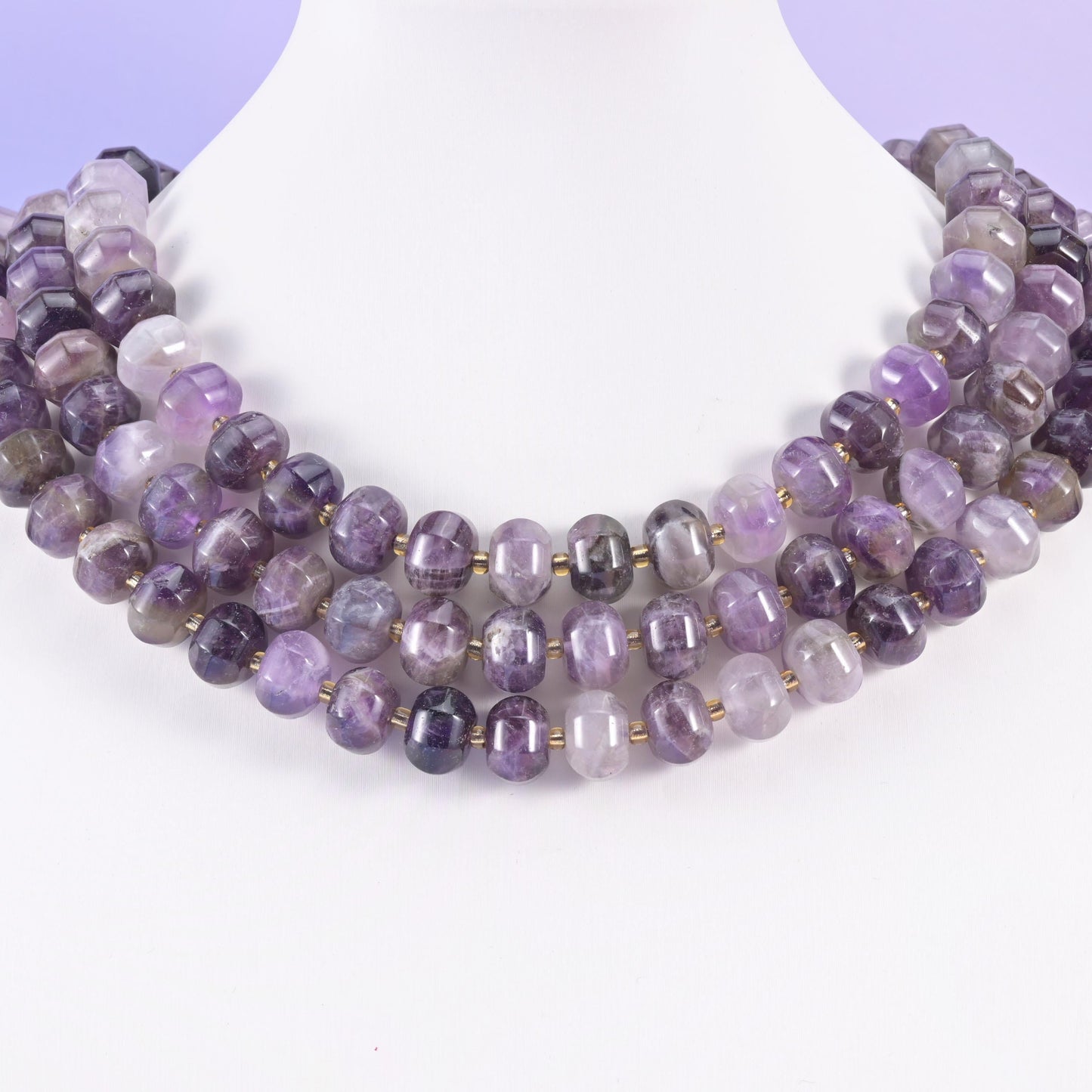 White bust display showing the 12x8mm Amethyst rondelles worn as a short layered collar