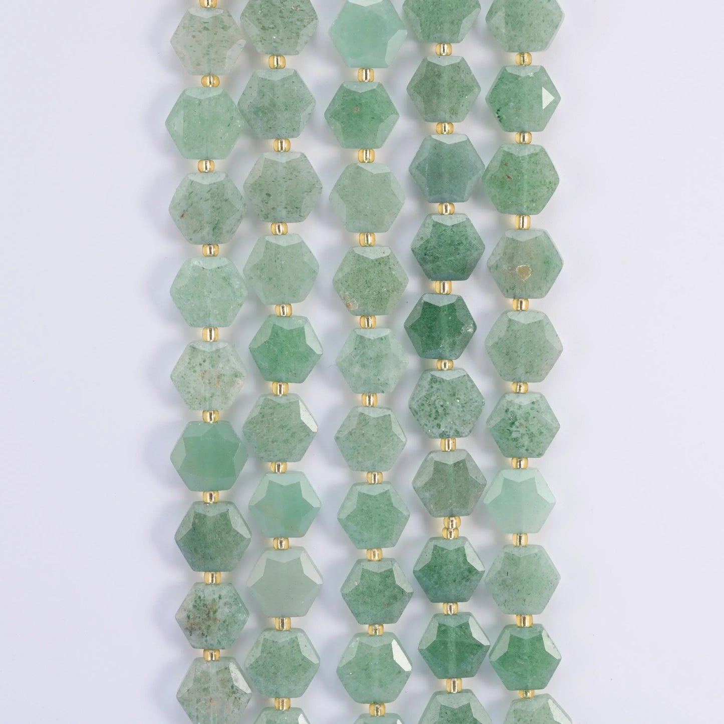 Green Strawberry Quartz hexagon beads, 15.5 inch strand.