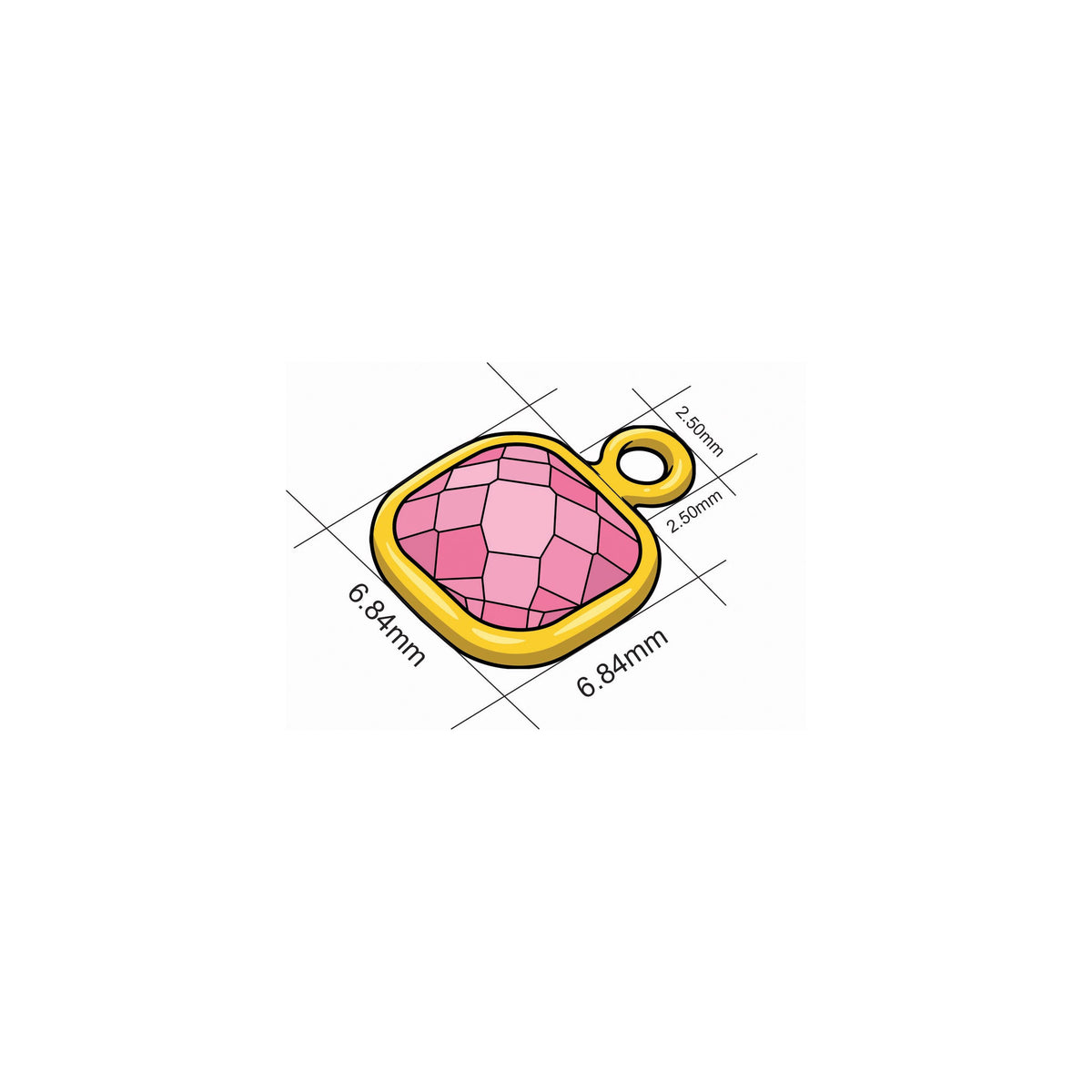 Faceted square zirconia charm dimension diagram, a single pink stone marked with its measurements.