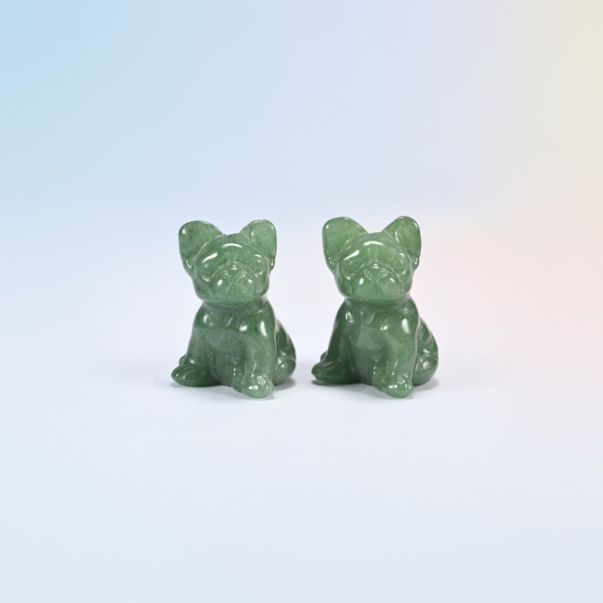 Two natural green aventurine French bulldog crystal carvings, 1.5 inch